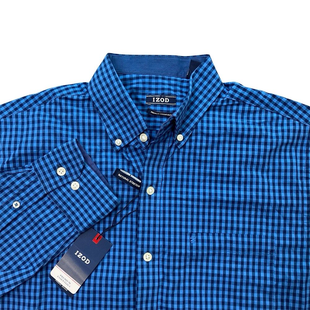 Izod Shirt Mens M Blue Check Gingham Premium Essentials‎ Stretch Casual Spring
